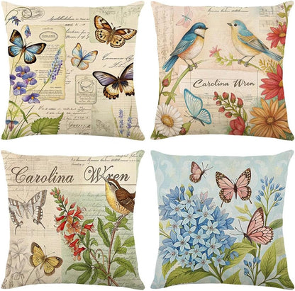 wyooxoo Throw Pillow Covers 18x18 Set of 4 Decorative Spring Pillow Covers Linen Flower Butterfly Farmhouse Pillowcases for Sofa Couch Living Room Outdoor