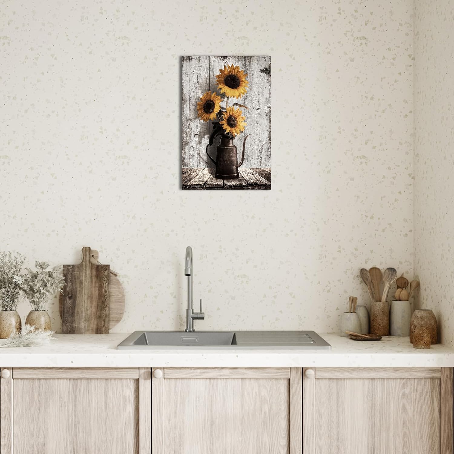 Rustic Sunflower Canvas Wall Art: Vintage Flower Picture Print Farmhouse Wall Decor - Floral Pot Decorative Poster Framed Artwork Decoration for Bedroom Home Office Ready to Hang 10" x 15"