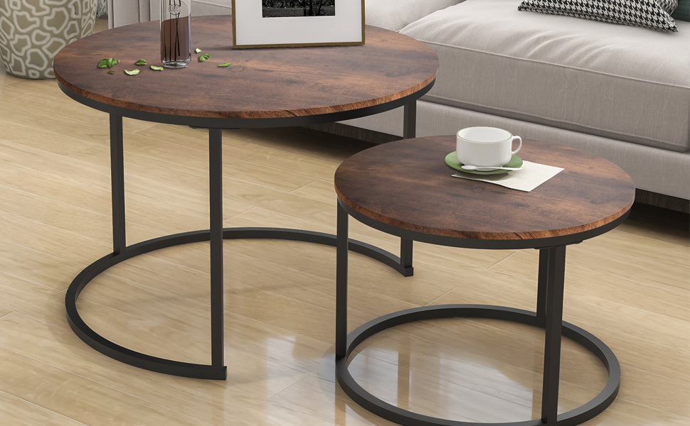 HOJINLINERO Round Coffee Table,Nesting Coffee Table Set of 2,Center Tables for Living Room,Office, Home Small Space,Stacking Side Tables,Sturdy and Easy Assembly,Wood Desktop,Brown,Large
