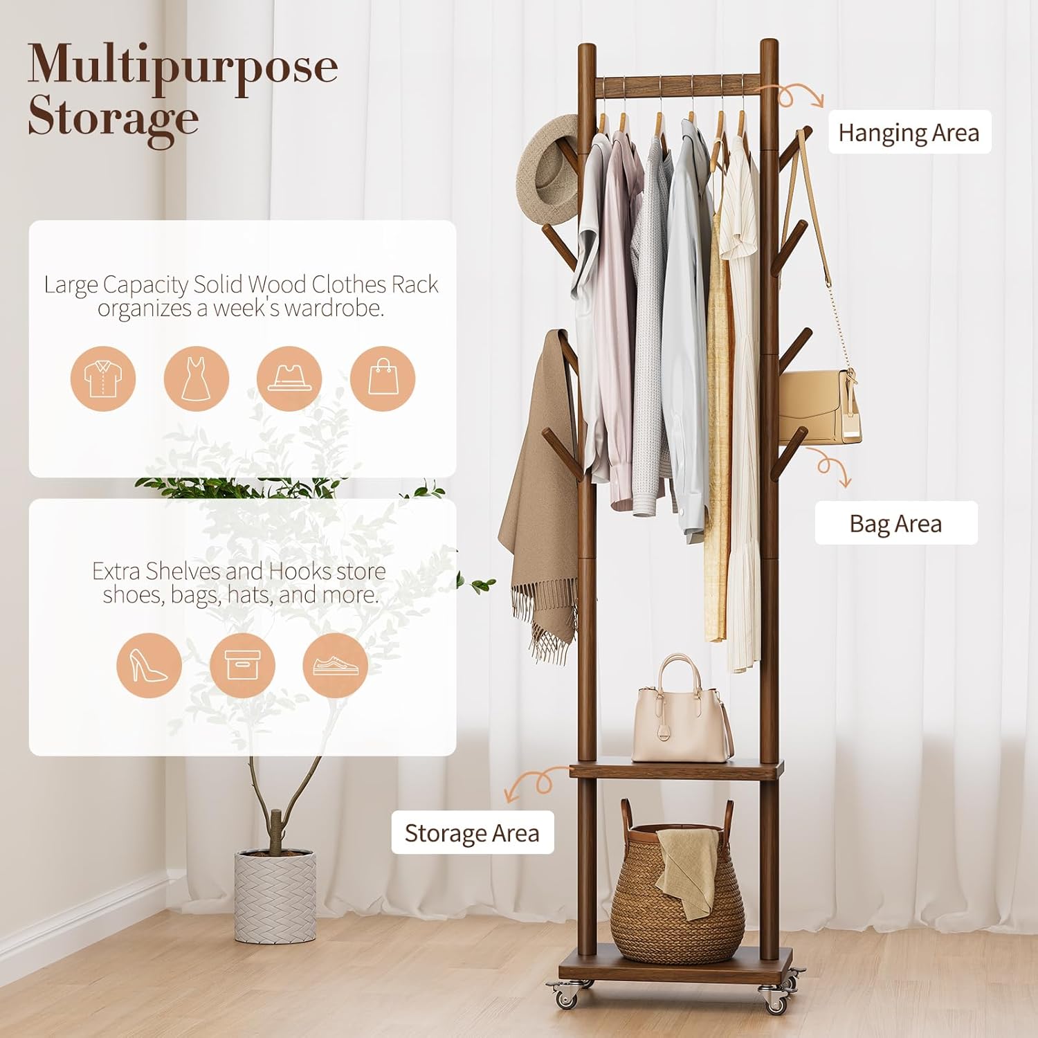 Solid Wood Coat Rack Freestanding - Rolling Clothes Rack with 8 Hooks & Shelves, Small Clothing Rack with Wheels, Heavy Duty Clothing Racks for Hanging Clothes, Portable Hall Tree for Entryway