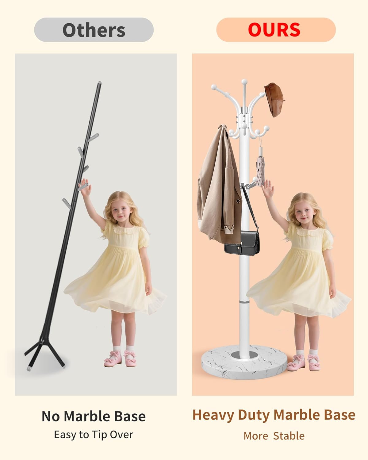 Metal Coat Rack with Natural Marble Base,360°Rotary Coat Rack Stand with 14 Hooks,Modern Freestanging Coat Racks,White Coat Jacket Hanger Clothes Tree Stand for Entryway,Corner