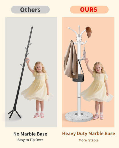 Metal Coat Rack with Natural Marble Base,360°Rotary Coat Rack Stand with 14 Hooks,Modern Freestanging Coat Racks,White Coat Jacket Hanger Clothes Tree Stand for Entryway,Corner