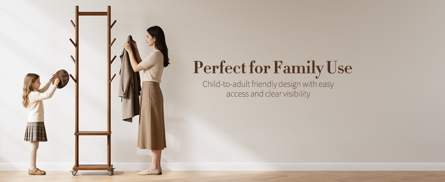 Solid Wood Coat Rack Freestanding - Rolling Clothes Rack with 8 Hooks & Shelves, Small Clothing Rack with Wheels, Heavy Duty Clothing Racks for Hanging Clothes, Portable Hall Tree for Entryway