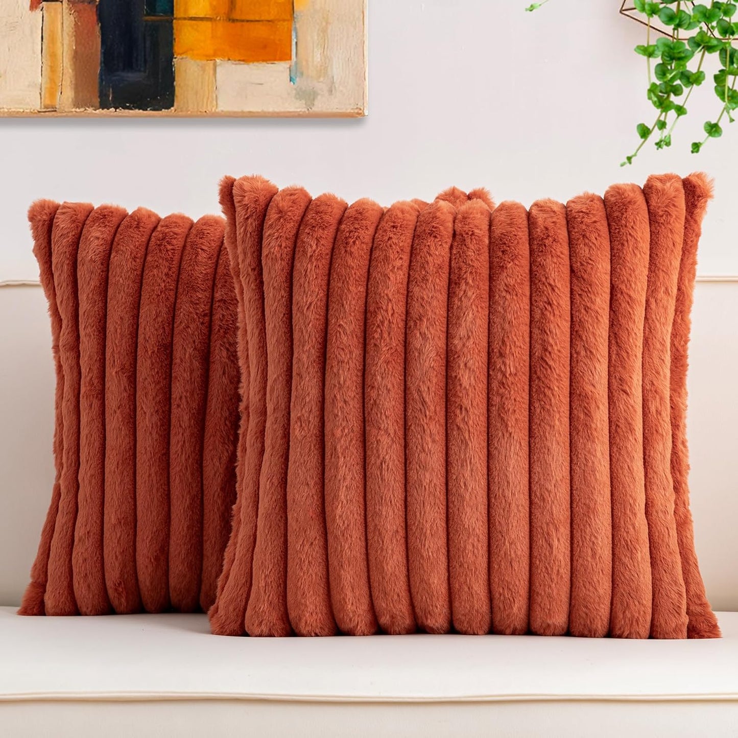 Pack of 2 Faux Fur Christmas Throw Pillow Covers 18x18 Inch, Soft Plush Striped Neutral Couch Pillow Cover, with Velvet Back Modern Home Decor for Sofa Living Room Couch Bed Cream White