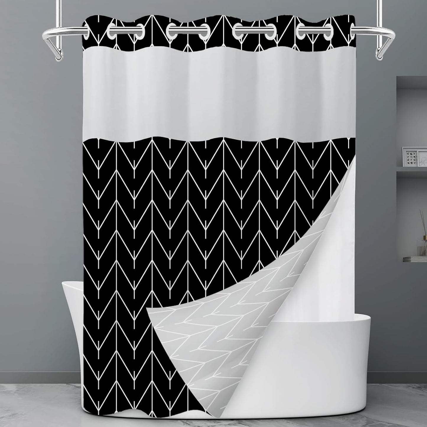 No Hook Grey White Striped Shower Curtain with Snap in Fabric Liner Set - Hotel Liner Set with See Through Mesh Top Window,Machine Washable, 71x74 INCH
