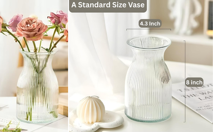 New 2026 Design Ribbed Glass Vase Wide - 8 Inch Tall Ribbed Vase for Wedding Reception, Home Decor, Housewarming Gift (Clear) Decorative Flower Vases - Bud Vase for Centerpieces Cylinder Vases