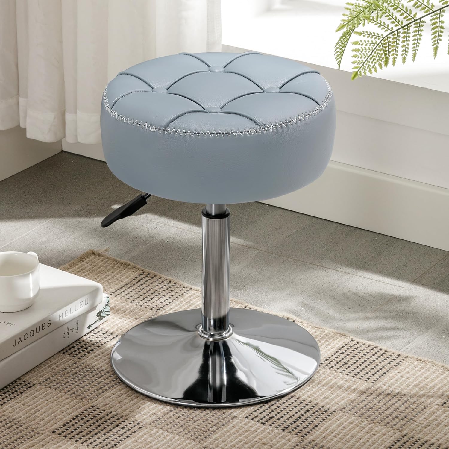 Adjustable Vanity Stool, 360 Swivel Chair for Makeup Room, White Faux Leather Stool for Bathroom & Living Room