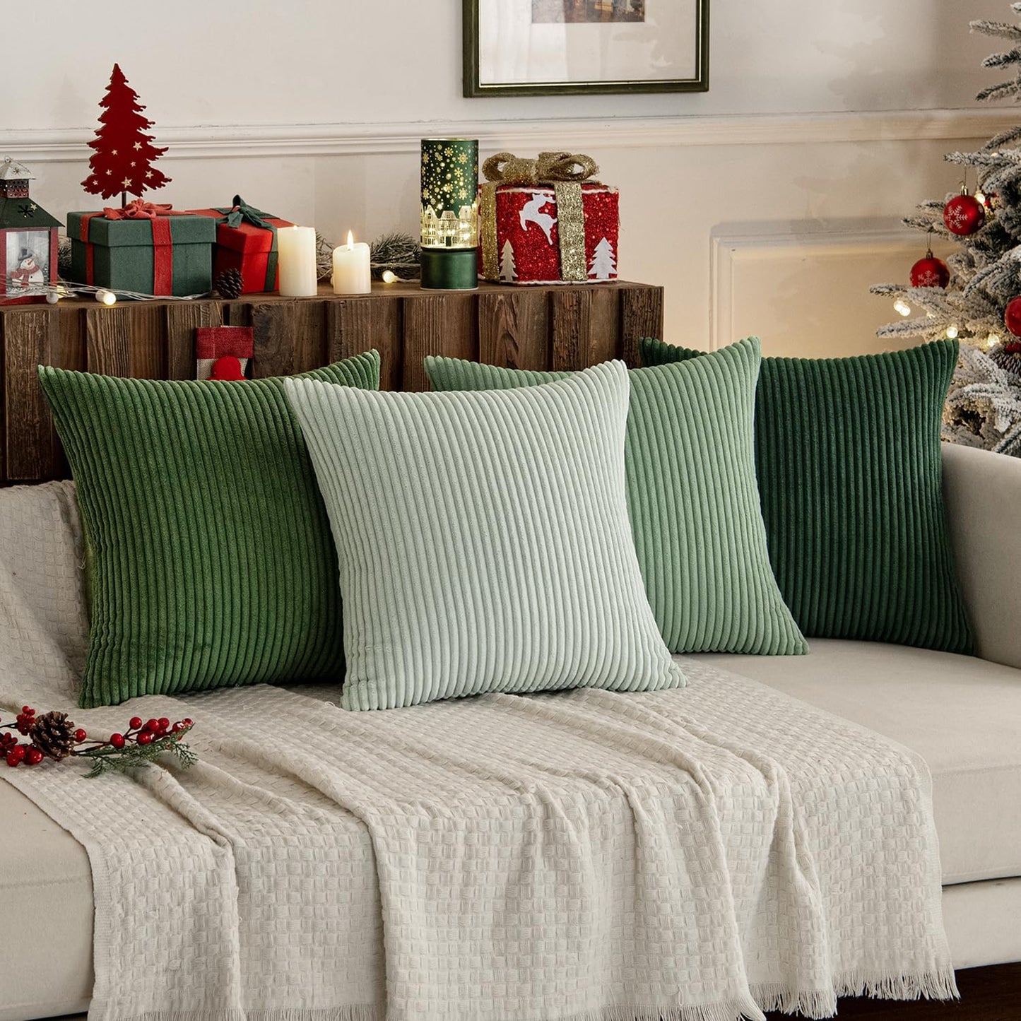 Boho Farmhouse Sage Green Throw Pillow Covers 18x18 Inch Set of 4 Mordern Nordic Cushion Covers Soft Corduroy Spring Home Decor for Couch Bed Sofa Living Room Forest Green