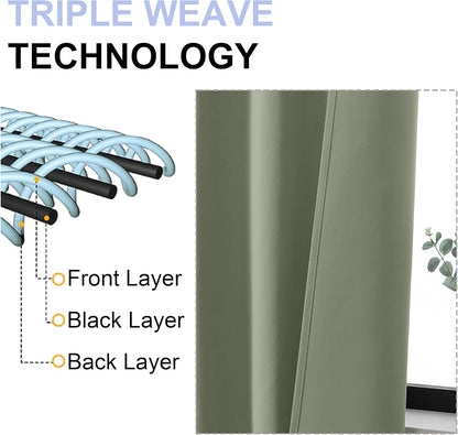 Sage Green Bedroom Blackout Curtains, 63inch (approx. 160.2cm) pieces set, solid insulated energy-saving rod pocket blackout curtains, width 40 x length 63inch (approx. 101.6cm), gray-green
