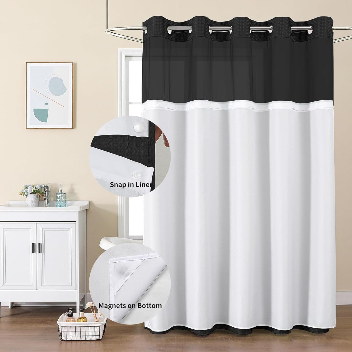 No Hook Waffle Shower Curtain with Snap in Fabric, Waterproof Shower Curtains with See Through Top Window, Hotel Luxury Heavy Duty Bathroom Curtain and Liner Set, 72'' x 75'', Black