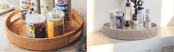 13.8 inch Round Rattan Tray, Decorative Coffee Table Tray, Ottoman Tray, Woven Serving Tray with Handles, Wicker Serving Basket, Whitewash