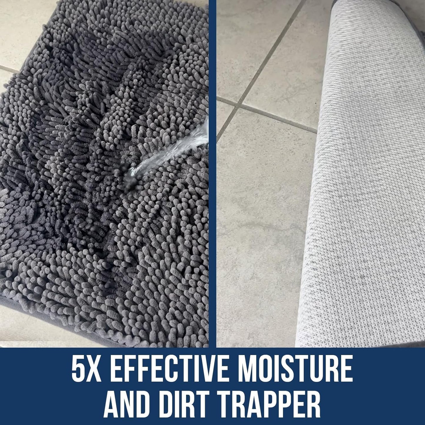 Chenille Bathroom Rugs Quick Dry Microfiber Mats Non Slip Washable, Extra Thick, Soft and Highly Absorbent Bath Mats for Bathroom, Kitchen, and Shower Floor - Grey 36"x60"