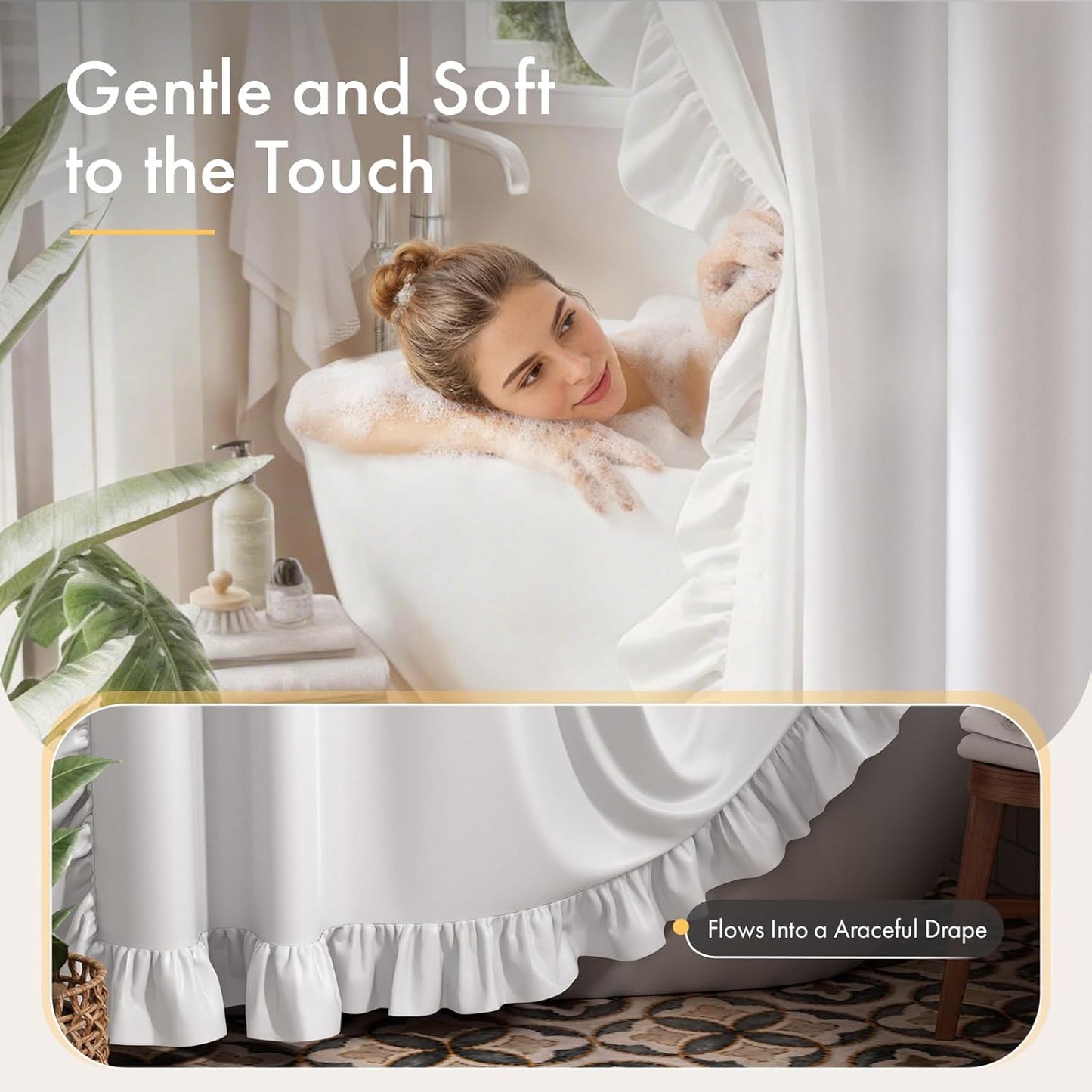 Ruffle Shower Curtain with Three-Side Ruffle, Solid White Farmhouse Curtains, Soft Flowy Layered Fabric, Elegant Spa Style, Clean Minimal Look, Water Repellent,12 Metal Hooks, 72" W x 72" L
