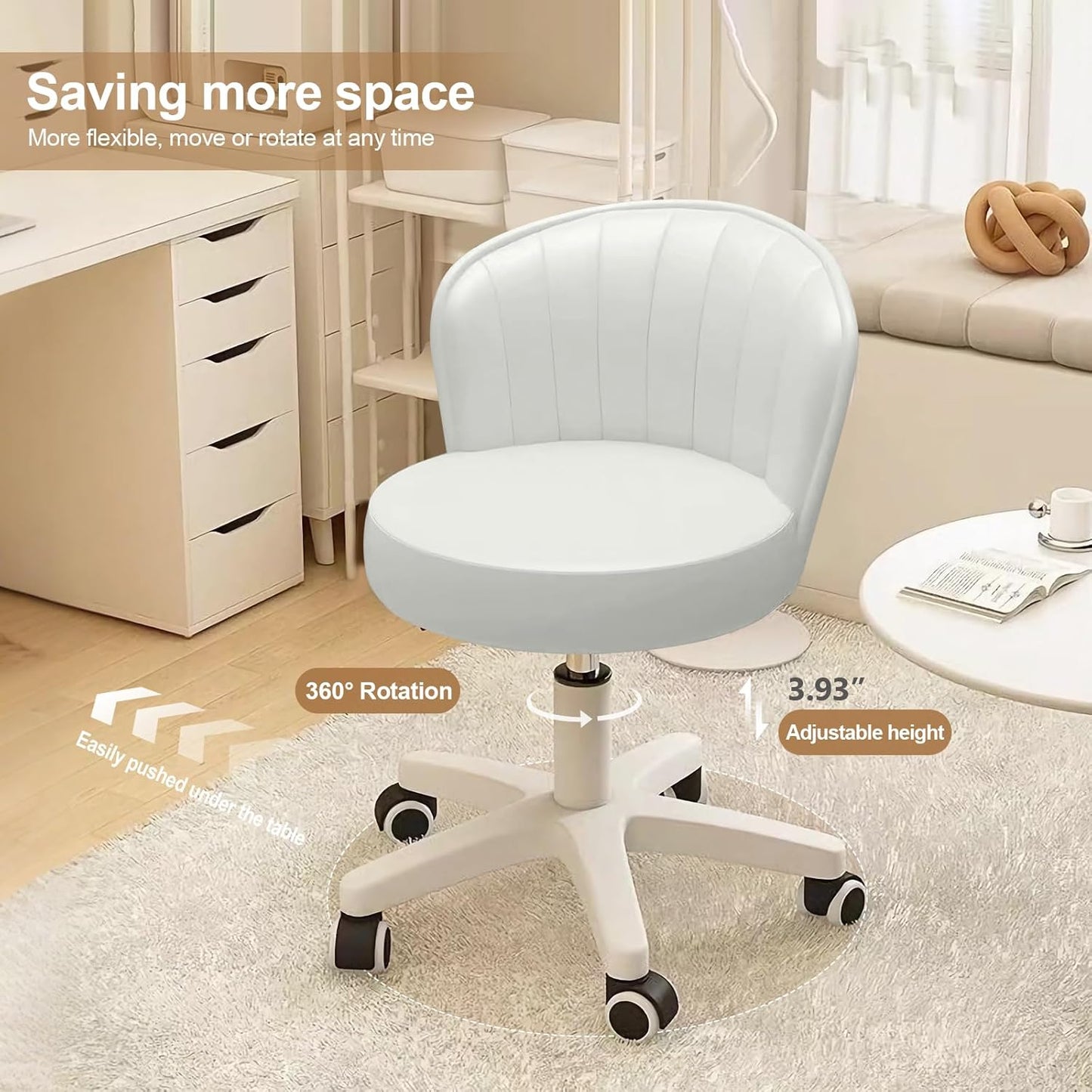 Small Round Rolling Desk Chair Armless Comfy Vanity Computer Chair Height Adjustable Swivel Work Spa Chair