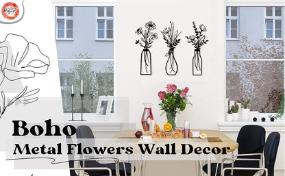 3 Pieces Metal Flowers Wall Arts - Rustic Farmhouse Decor Black Minimalist Flower Wall Decors for Living room Bathroom Bedroom Dining Room - Housewarming Gifts(Black, Vase-C)