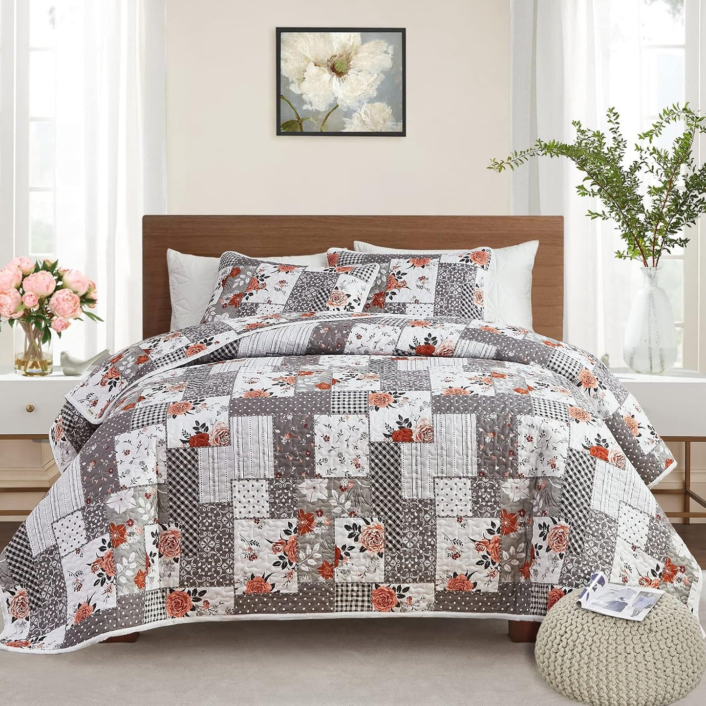 Quilt Set Full/Queen Size, 3 Pieces Green Floral Plaid Summer Bedspread Coverlet Set, Soft Microfiber Reversible Lightweight Bed Cover for All Season (90" x 90", 1 Quilt+ 2 Pillow Shams)
