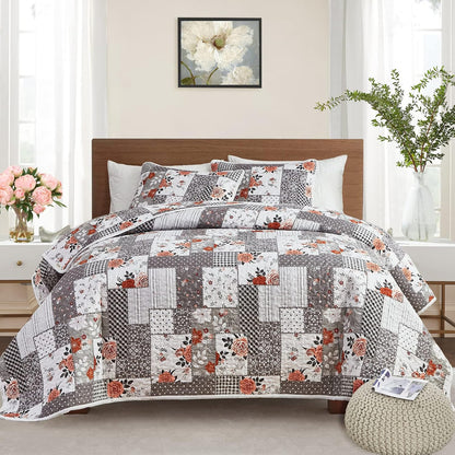 Quilt Set Full/Queen Size, 3 Pieces Green Floral Plaid Summer Bedspread Coverlet Set, Soft Microfiber Reversible Lightweight Bed Cover for All Season (90" x 90", 1 Quilt+ 2 Pillow Shams)