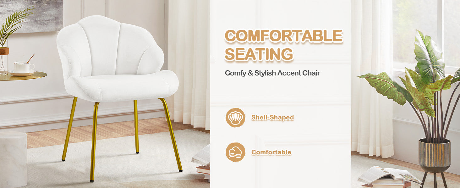 Vanity Chair, Velvet Accent Chair with Shell-Shaped Backrest, Modern Armchair with Gold Metal Legs for Dressing Room/Bedroom/Living Room, White