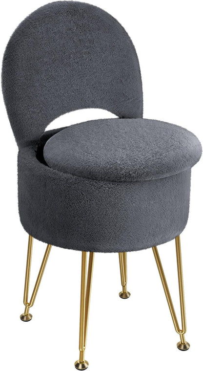 Small Vanity Stool Chair with Storage and Folding Back, 13" x 13" x 17.7" Faux Fur Soft Ottoman for Teenager, 4 Metal Legs with Anti-Slip Feet, Furry Padded Seat for Makeup, Bedroom, White