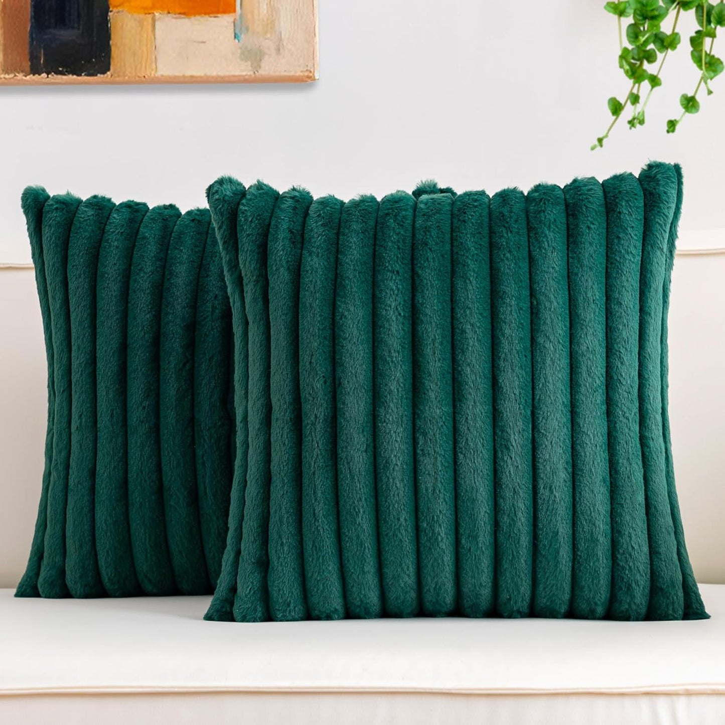 Pack of 2 Faux Fur Christmas Throw Pillow Covers 18x18 Inch, Soft Plush Striped Neutral Couch Pillow Cover, with Velvet Back Modern Home Decor for Sofa Living Room Couch Bed Cream White