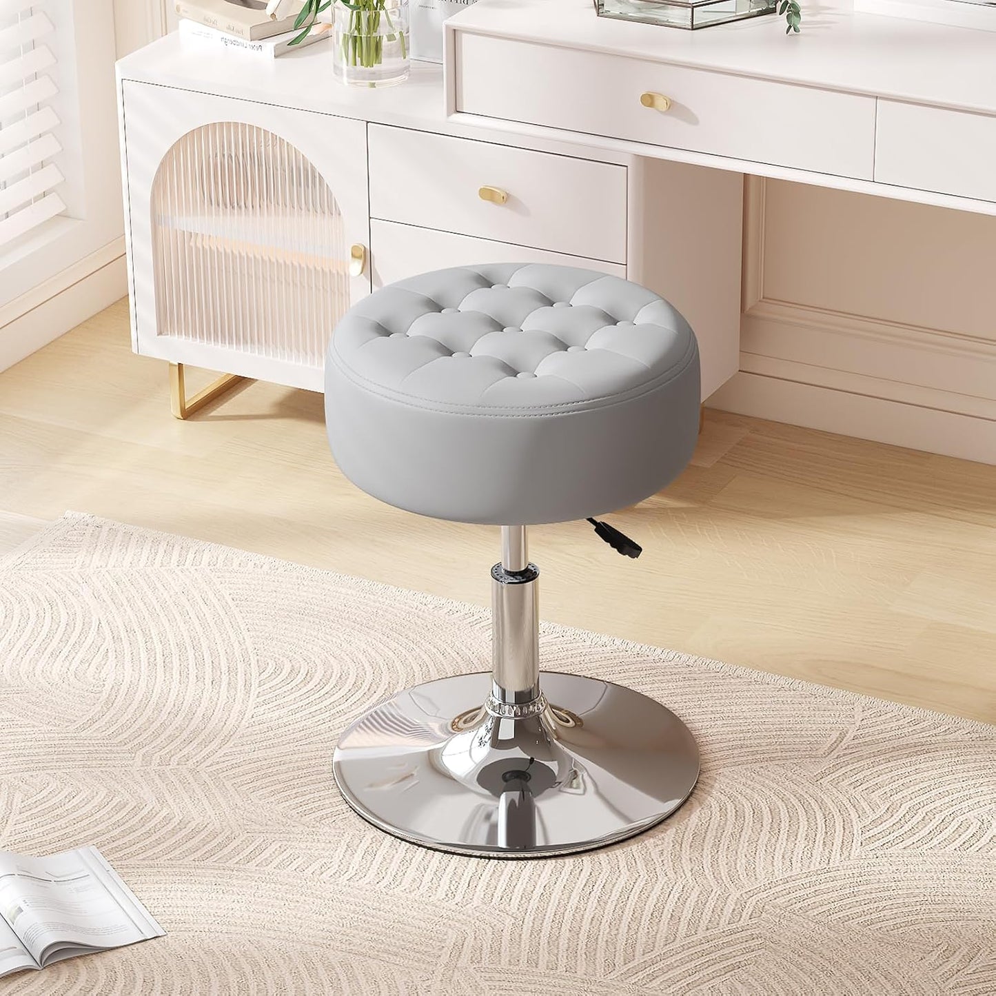 Mid-Century Tufted Adjustable Swivel Makeup Ottoman Stool; Modern Big Size Round Vanity Stool Chair for Bedroom Living Room (White)