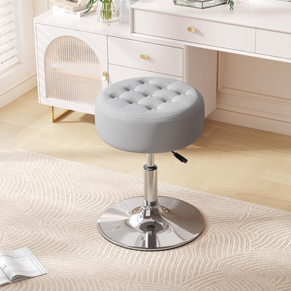 Mid-Century Tufted Adjustable Swivel Makeup Ottoman Stool; Modern Big Size Round Vanity Stool Chair for Bedroom Living Room (White)