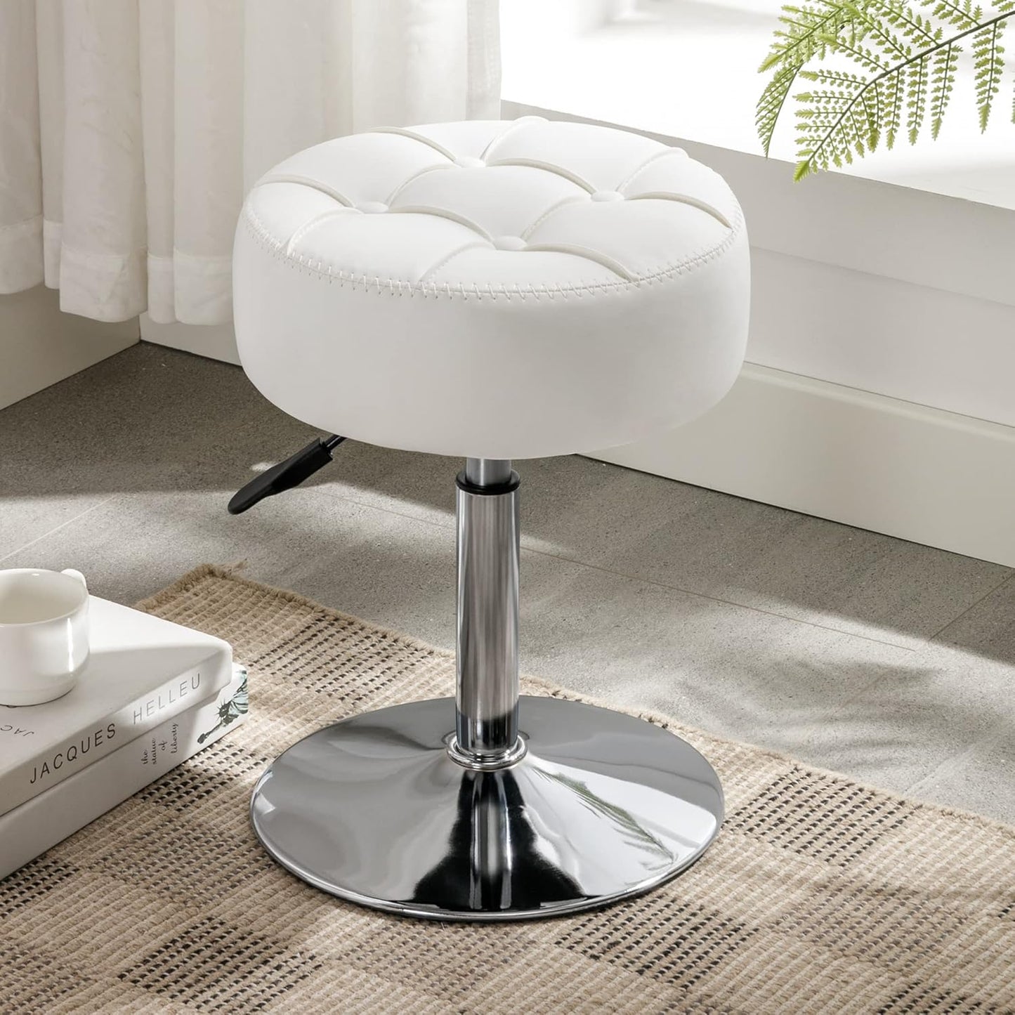 Adjustable Vanity Stool, 360 Swivel Chair for Makeup Room, White Faux Leather Stool for Bathroom & Living Room