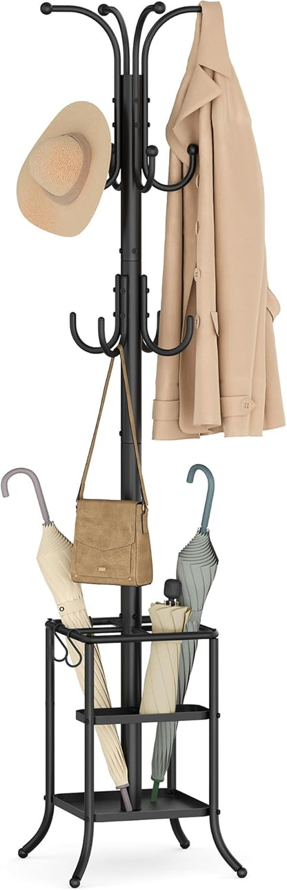 Coat Rack Freestanding with Umbrella Holder, Metal Coat Rack Stand with 12 Hooks, for Entryway, Hallway, Living Room, Bedroom, Ink Black URCR082BH02S