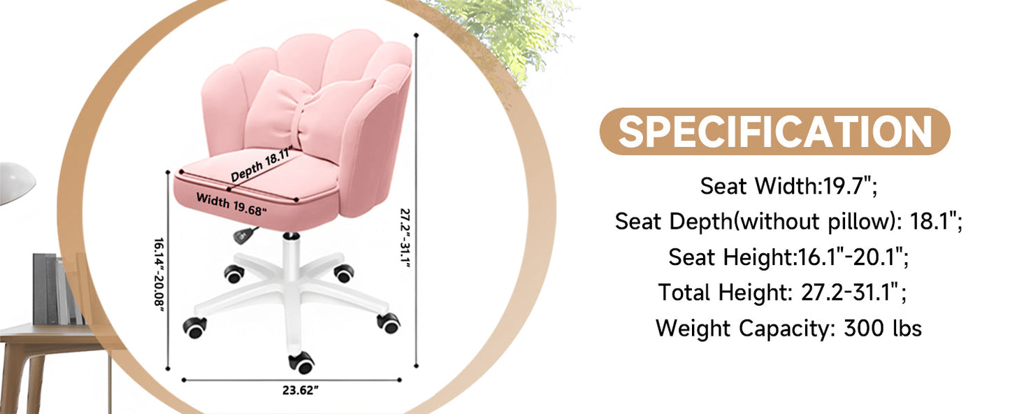 Chair with Bow Cushion Velvet Vanity Chair with Wheels, Upholstered Home Office Chair for Girls Women, Mid-Back Swivel Computer Task Chairs for Living Room Bedroom