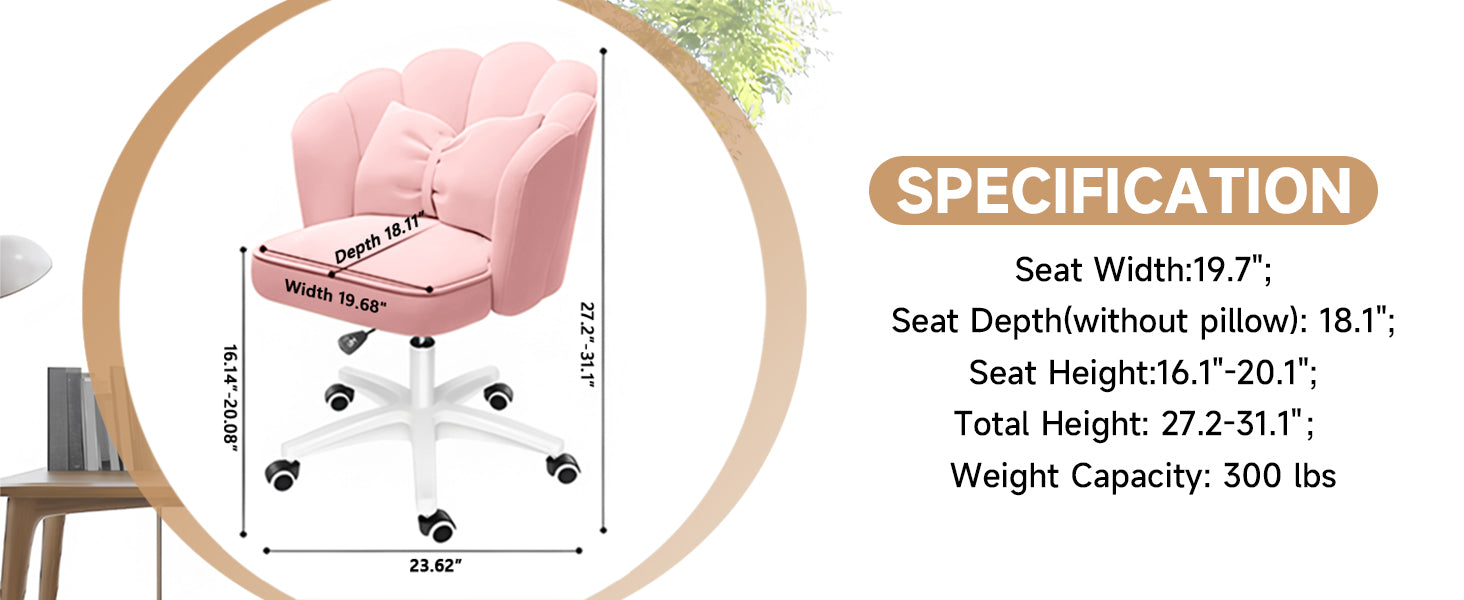 Chair with Bow Cushion Velvet Vanity Chair with Wheels, Upholstered Home Office Chair for Girls Women, Mid-Back Swivel Computer Task Chairs for Living Room Bedroom