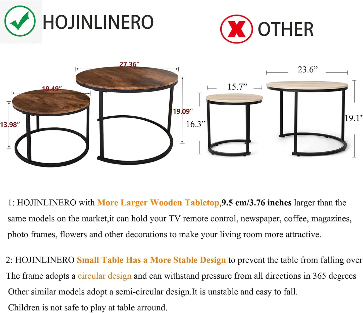 HOJINLINERO Round Coffee Table,Nesting Coffee Table Set of 2,Center Tables for Living Room,Office, Home Small Space,Stacking Side Tables,Sturdy and Easy Assembly,Wood Desktop,Brown,Large