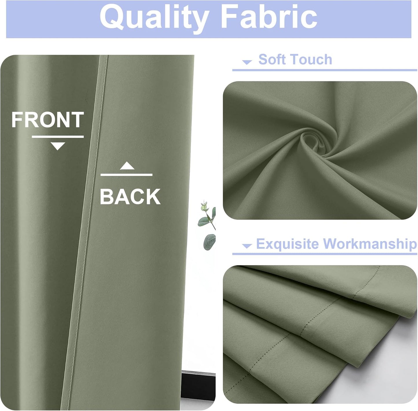 Sage Green Bedroom Blackout Curtains, 63inch (approx. 160.2cm) pieces set, solid insulated energy-saving rod pocket blackout curtains, width 40 x length 63inch (approx. 101.6cm), gray-green