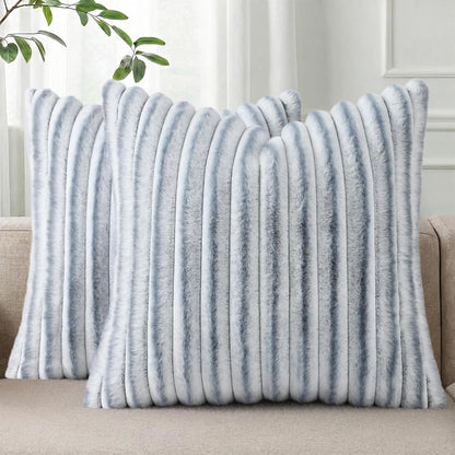 Pallene Faux Fur Plush Throw Pillow Covers 18x18 Set of 2, Luxury Soft Fluffy Striped Decorative Pillow Covers for Sofa, Couch, Living Room, Cream White