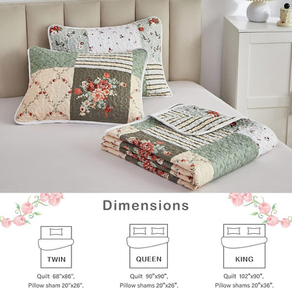 Quilt Set Full/Queen Size, 3 Pieces Green Floral Plaid Summer Bedspread Coverlet Set, Soft Microfiber Reversible Lightweight Bed Cover for All Season (90" x 90", 1 Quilt+ 2 Pillow Shams)