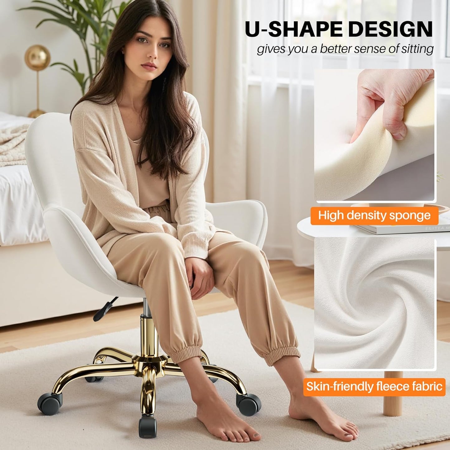 Vanity Chair with Wheels, Cute Home Office Desk Chairs Adjustable Height for Living Bedroom, Small Modern Fluffy Velvet Makeup Chair with Back for Girls (White)