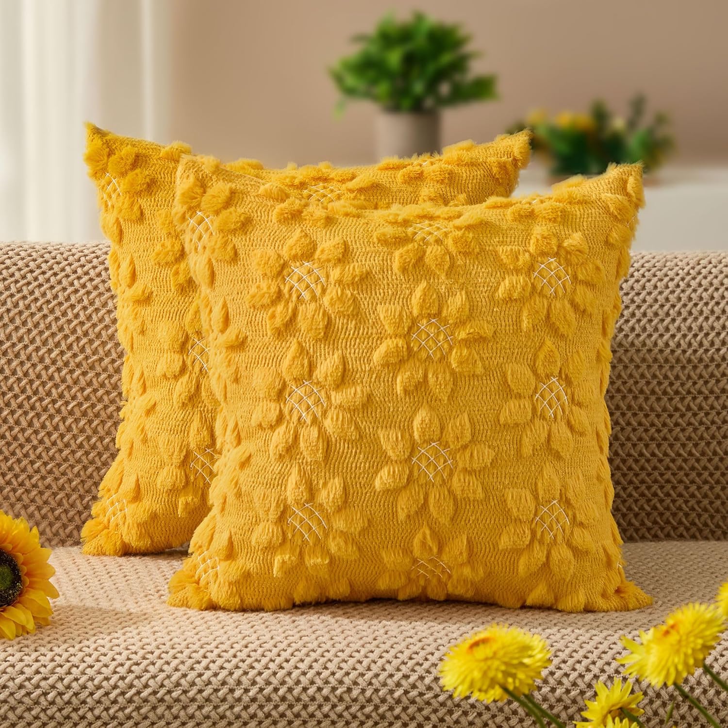 DFXSZ Spring Summer Pillow Covers 18x18 inch Set of 2 Farmhouse Decor Yellow Color Flower Heart Sunflower Soft Plush Faux Fur Jacquard Throw Pillows for Sofa Holiday Spring Home Decor PTK024C18