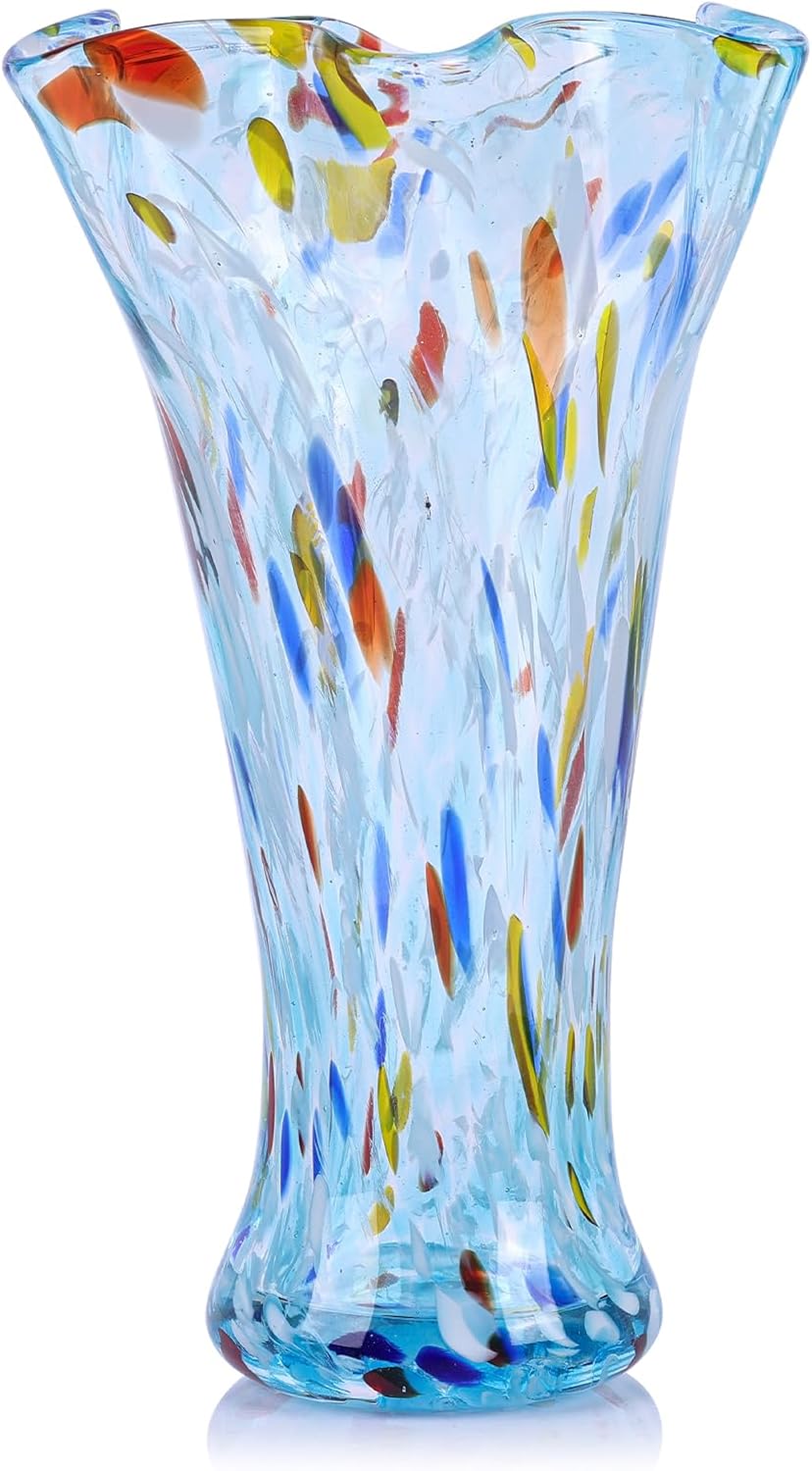 9.0" H Teal Glass Vases for Flowers, Unique Hand Blown Glass Vase Green Home Decor, Wide Mouth Colorful Flower Vase Centerpieces, for Living Room Table Bookshelf, Bathroom Office Shelf Decorative