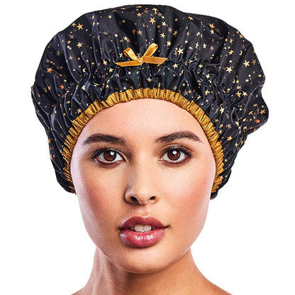 Reusable Bath & Shower Cap Lined, Oversized Waterproof Shower Caps Large Designed for all Hair Lengths with PEVA Lining & Elastic Band Stretch Hem Hair Hat - Fashionista Deco Dots