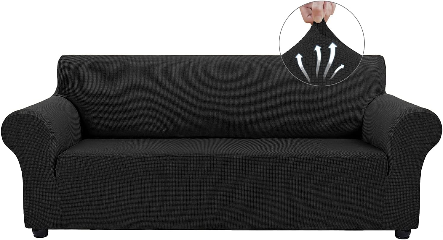 Couch Covers for 3 Cushion Couch Sofa Pet Friendly, 3 Seater Sofa Cover Washable Slipcovers Protector Furniture Covers for Dogs Spandex Jacquard Fabric Small Checks（Large，Black）