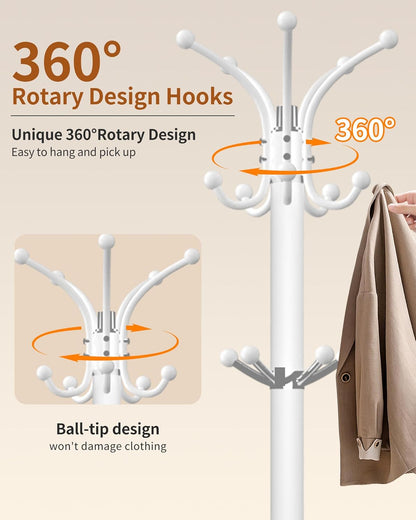 Metal Coat Rack with Natural Marble Base,360°Rotary Coat Rack Stand with 14 Hooks,Modern Freestanging Coat Racks,White Coat Jacket Hanger Clothes Tree Stand for Entryway,Corner