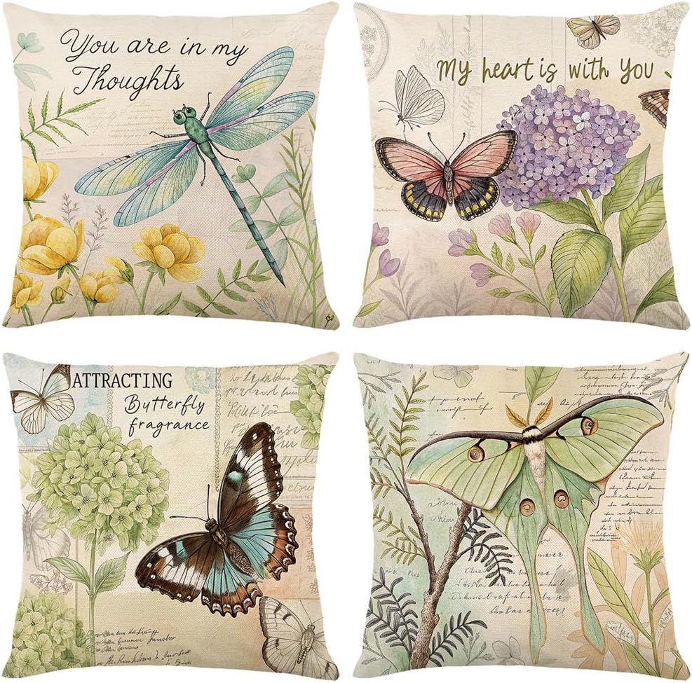 wyooxoo Throw Pillow Covers 18x18 Set of 4 Decorative Spring Pillow Covers Linen Flower Butterfly Farmhouse Pillowcases for Sofa Couch Living Room Outdoor