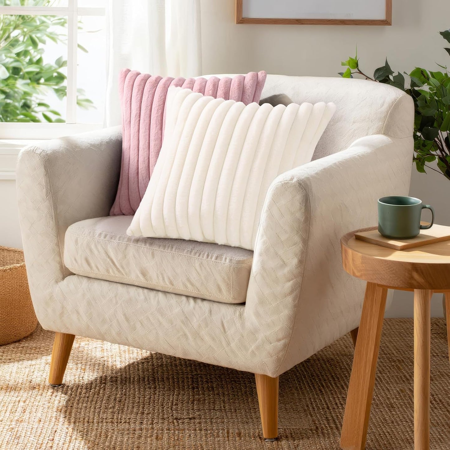 Pallene Faux Fur Plush Throw Pillow Covers 18x18 Set of 2, Luxury Soft Fluffy Striped Decorative Pillow Covers for Sofa, Couch, Living Room, Cream White