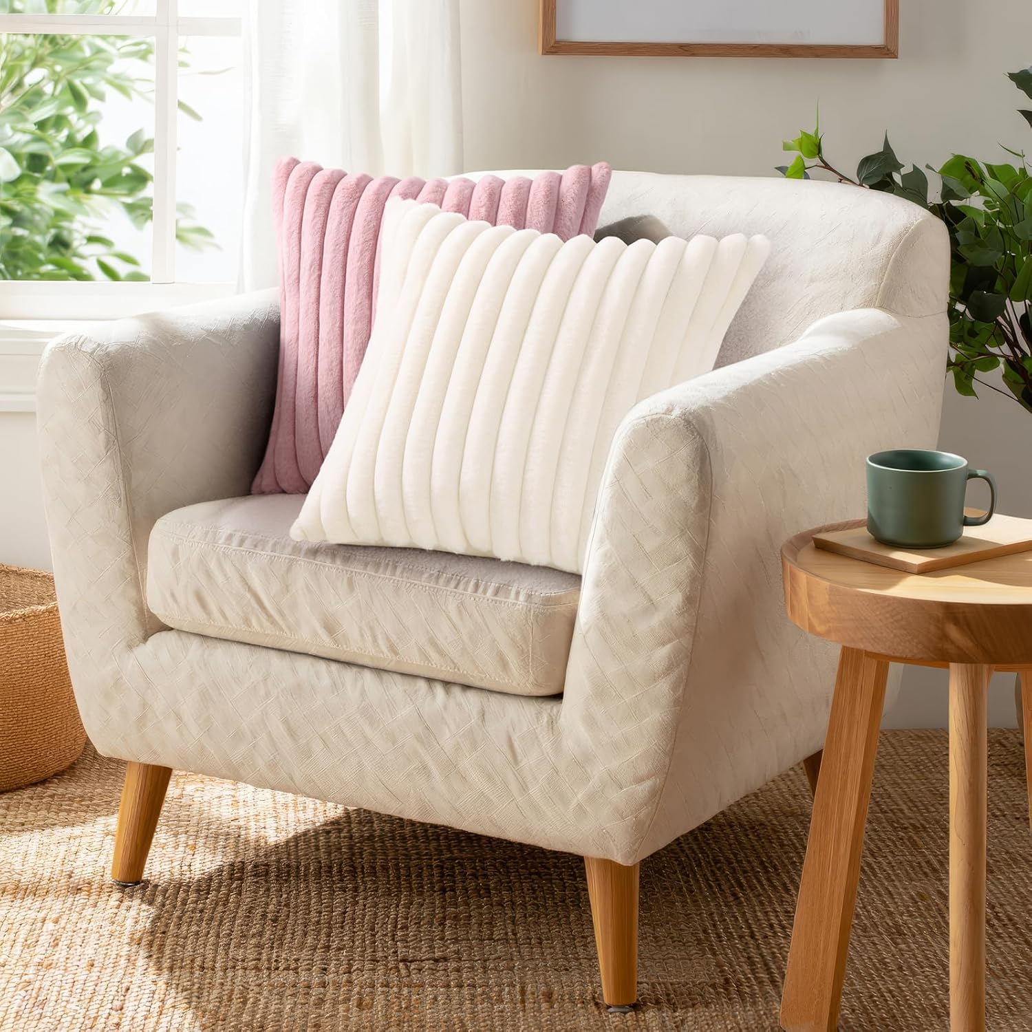 Pallene Faux Fur Plush Throw Pillow Covers 18x18 Set of 2, Luxury Soft Fluffy Striped Decorative Pillow Covers for Sofa, Couch, Living Room, Cream White