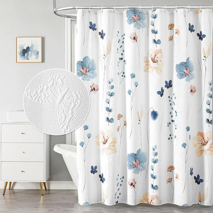 Watercolor Floral Shower Curtain, 3D Embossed Butterflies Grey Beige Flower Bathroom Curtains, Minimalist White Cloth Bath Curtain, Waterproof Fabric Textured Shower Curtain Set with Hooks, 72x72