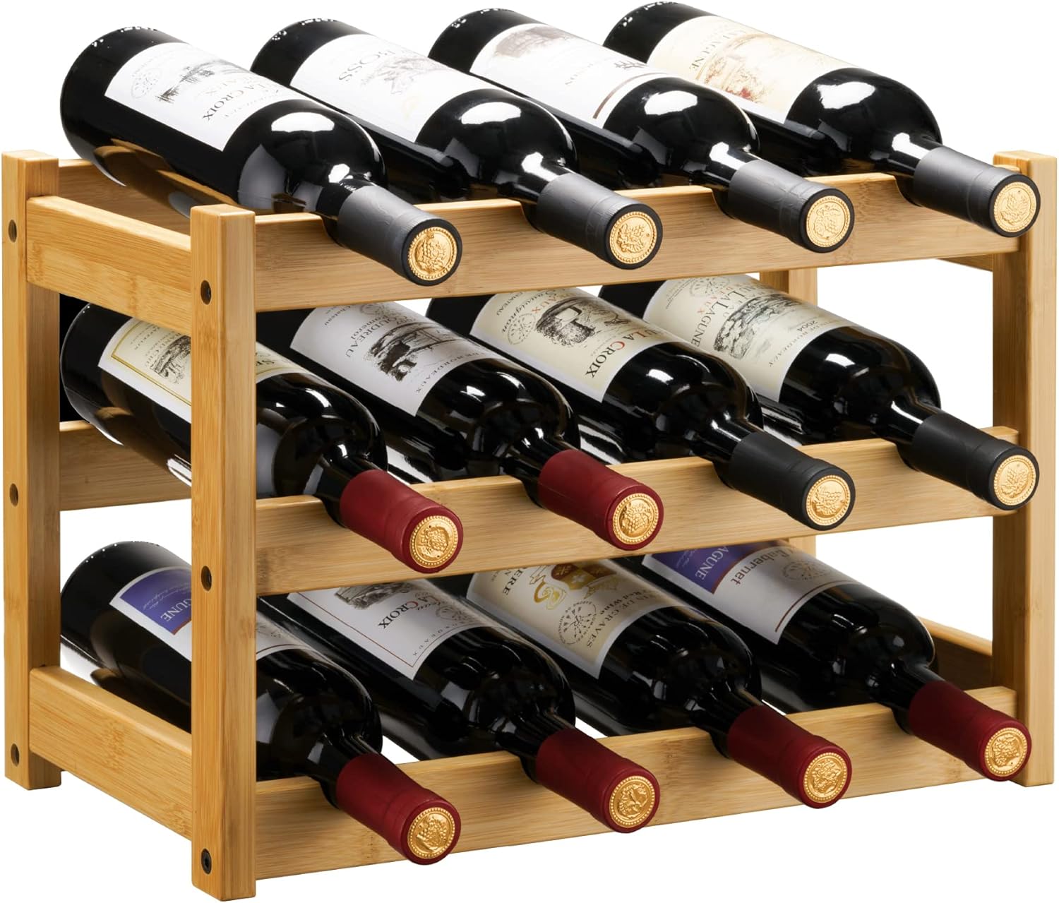 Bamboo Wine Rack, Sturdy and Durable Wine Storage Cabinet Shelf, Wine Racks Countertop for Pantry,Kitchen,3-Tier 12 Bottles Wine Rack Black
