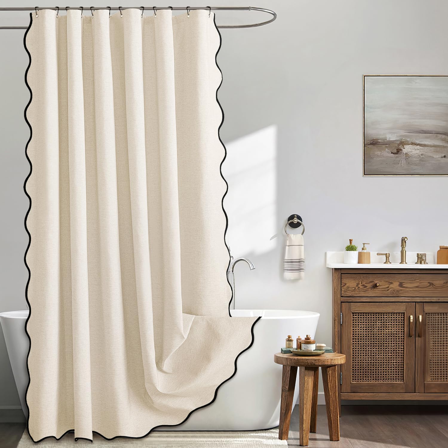 Beige Scalloped Shower Curtain Linen Textured with 12 Metal Hooks Cute Heavy Duty Washable Waterproof Neutral Thick Cloth Shower Curtains with Black Border for Bathroom Bathtub,W72*L72 Cream