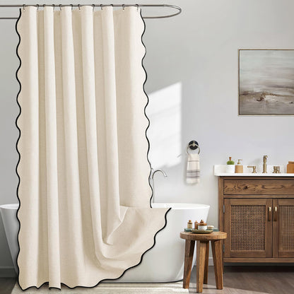 Beige Scalloped Shower Curtain Linen Textured with 12 Metal Hooks Cute Heavy Duty Washable Waterproof Neutral Thick Cloth Shower Curtains with Black Border for Bathroom Bathtub,W72*L72 Cream