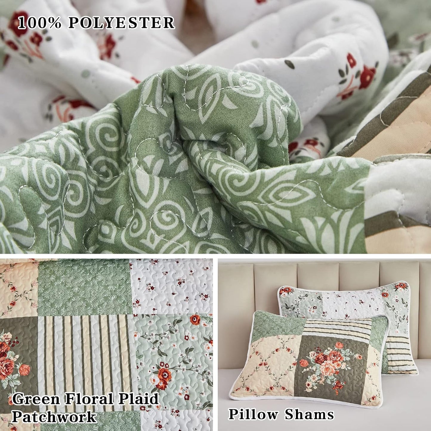 Quilt Set Full/Queen Size, 3 Pieces Green Floral Plaid Summer Bedspread Coverlet Set, Soft Microfiber Reversible Lightweight Bed Cover for All Season (90" x 90", 1 Quilt+ 2 Pillow Shams)
