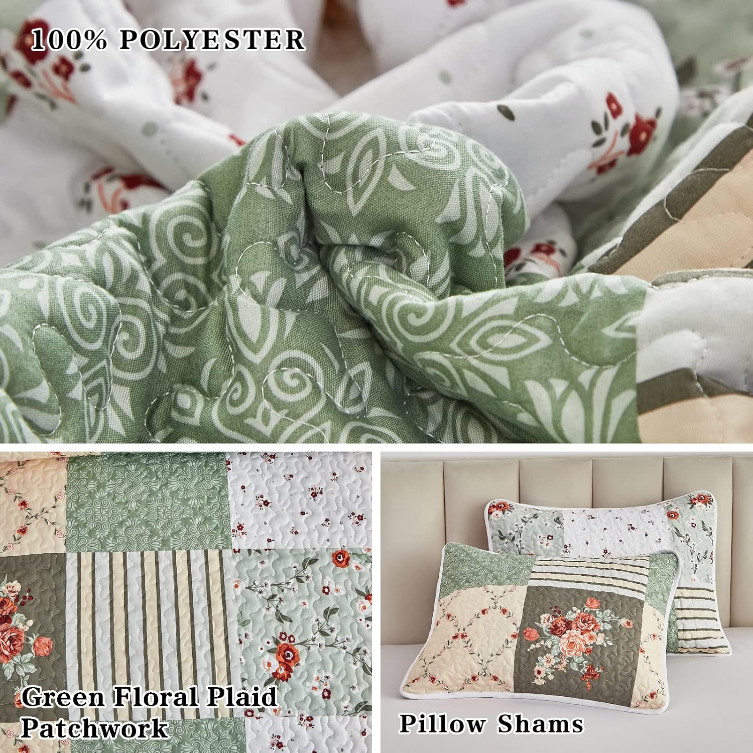 Quilt Set Full/Queen Size, 3 Pieces Green Floral Plaid Summer Bedspread Coverlet Set, Soft Microfiber Reversible Lightweight Bed Cover for All Season (90" x 90", 1 Quilt+ 2 Pillow Shams)
