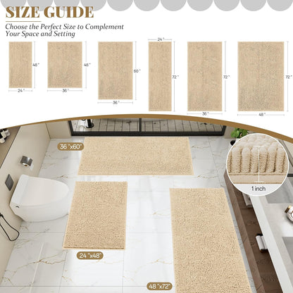 Bathroom Rugs Mat 60 x 36, Thick Soft Absorbent Chenille Bath Rugs, Rubber Backing Bath Mats for Bathroom Floor, Tub, Shower, Bedroom, Home Decor Accessories, Quick Dry Machine Washable, Beige